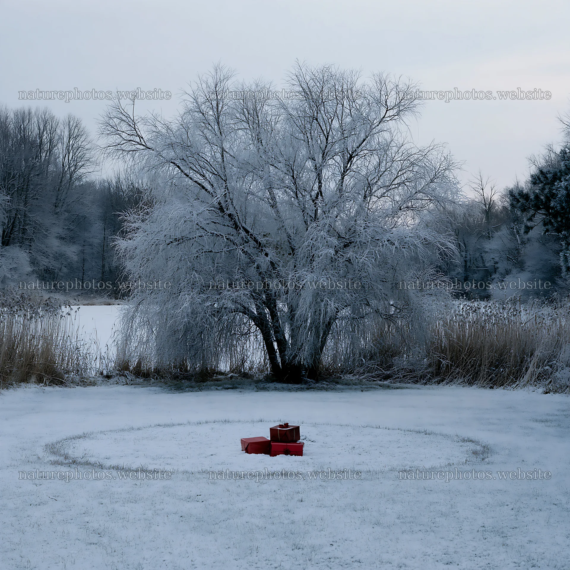 Snowy meadow with wrapped presents near a frozen lake – nature photos 7938x7938