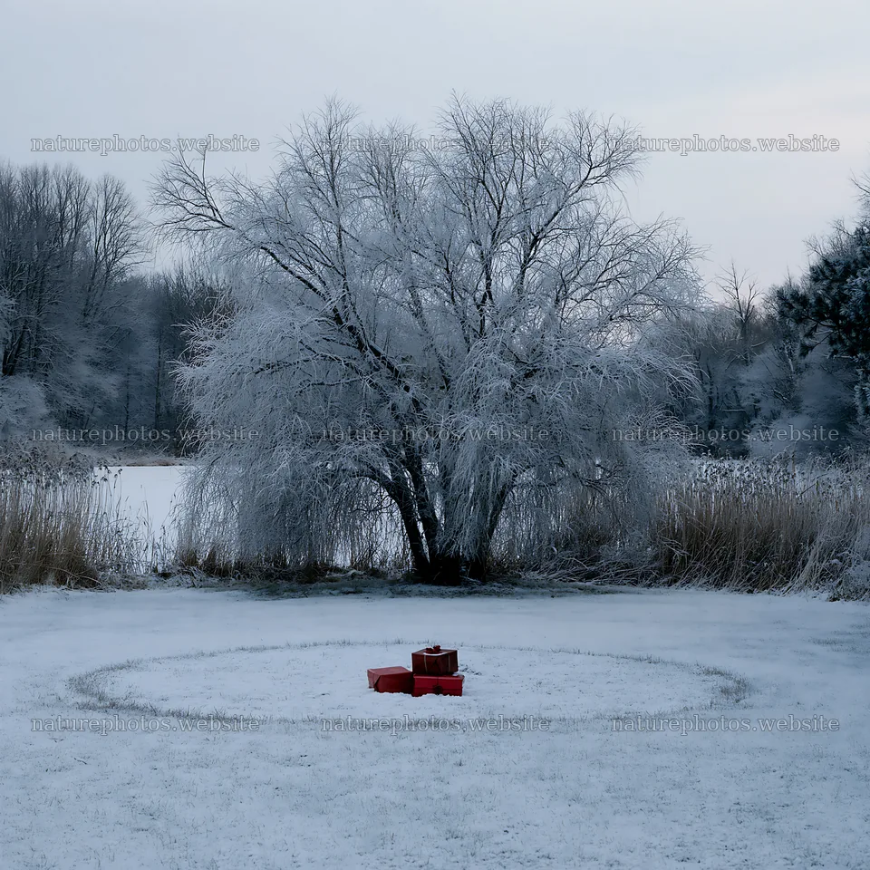 Snowy meadow with wrapped presents near a frozen lake – nature photos 7938x7938