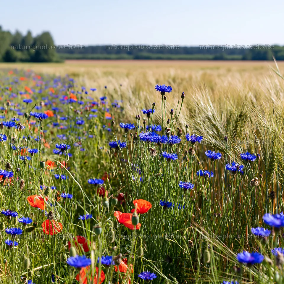 Colorful cornflower meadow with red poppies and golden wheat – nature photos 7938x7938