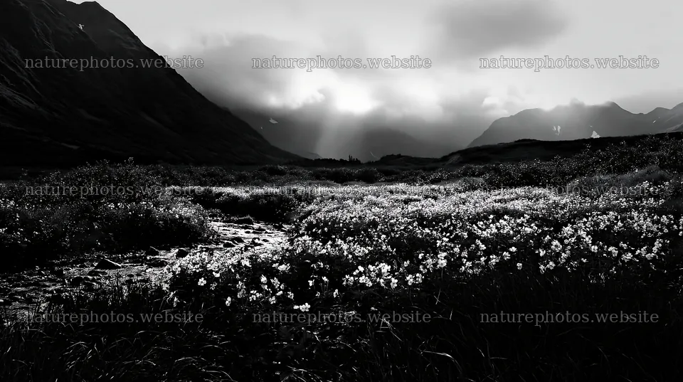 High contrast view of brook meadow with mountains and clouds – nature photos 10608x5938