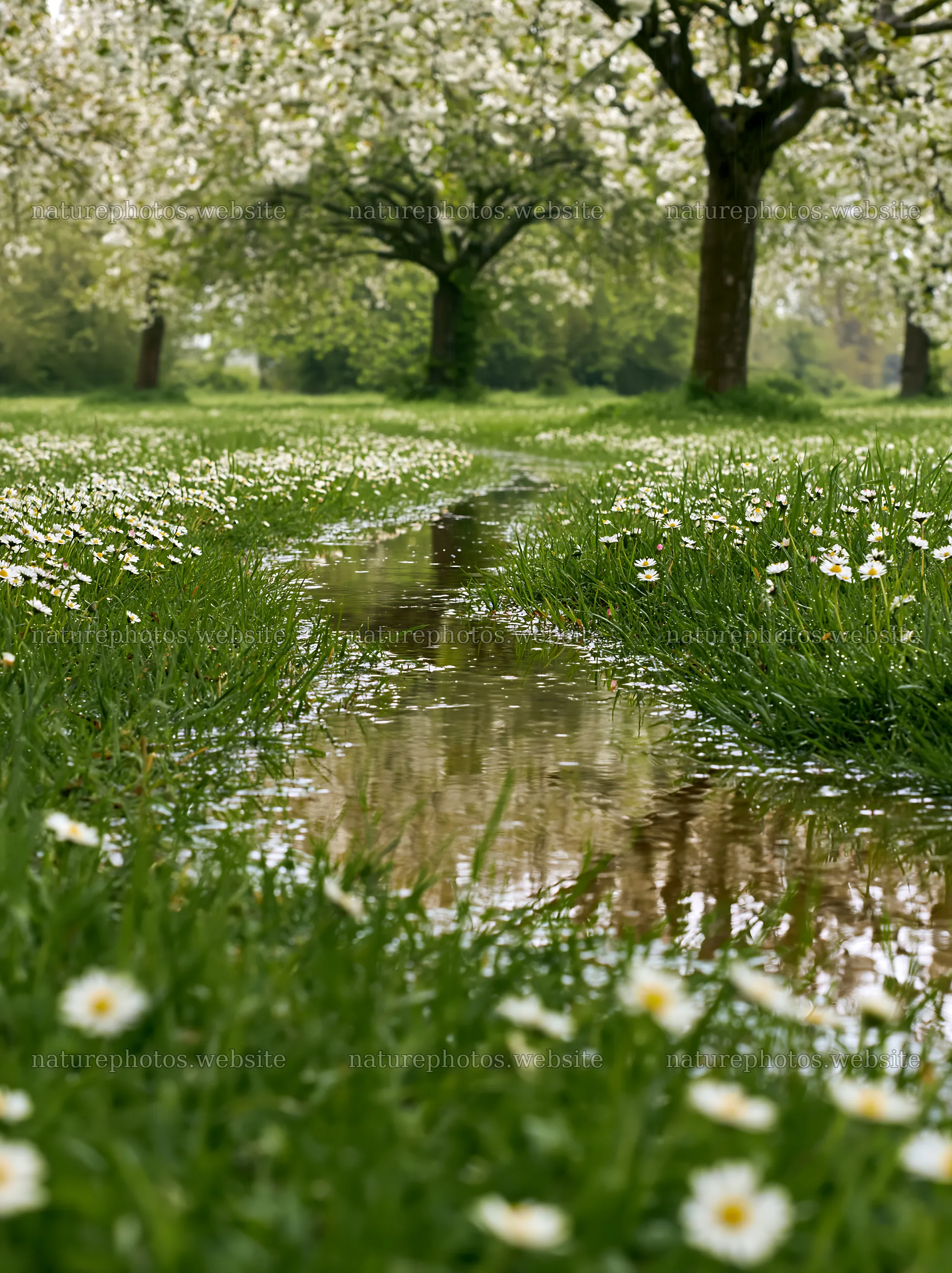 Spring orchard meadow with flowers and reflections in water – nature photos 6866x9174