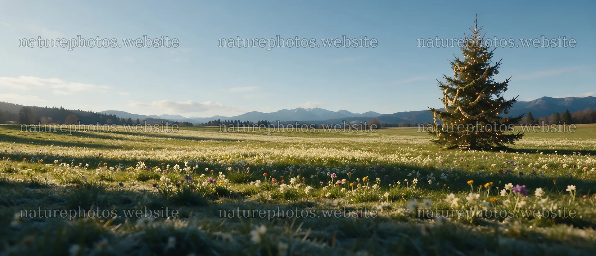 Vibrant Christmas tree in meadow under winter sunlight – nature photos 12094x5210
