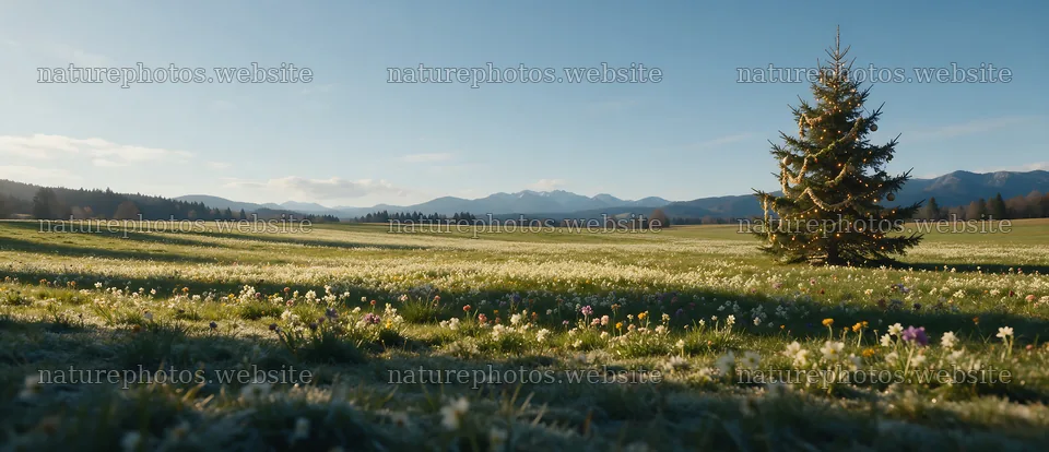 Vibrant Christmas tree in meadow under winter sunlight – nature photos 12094x5210