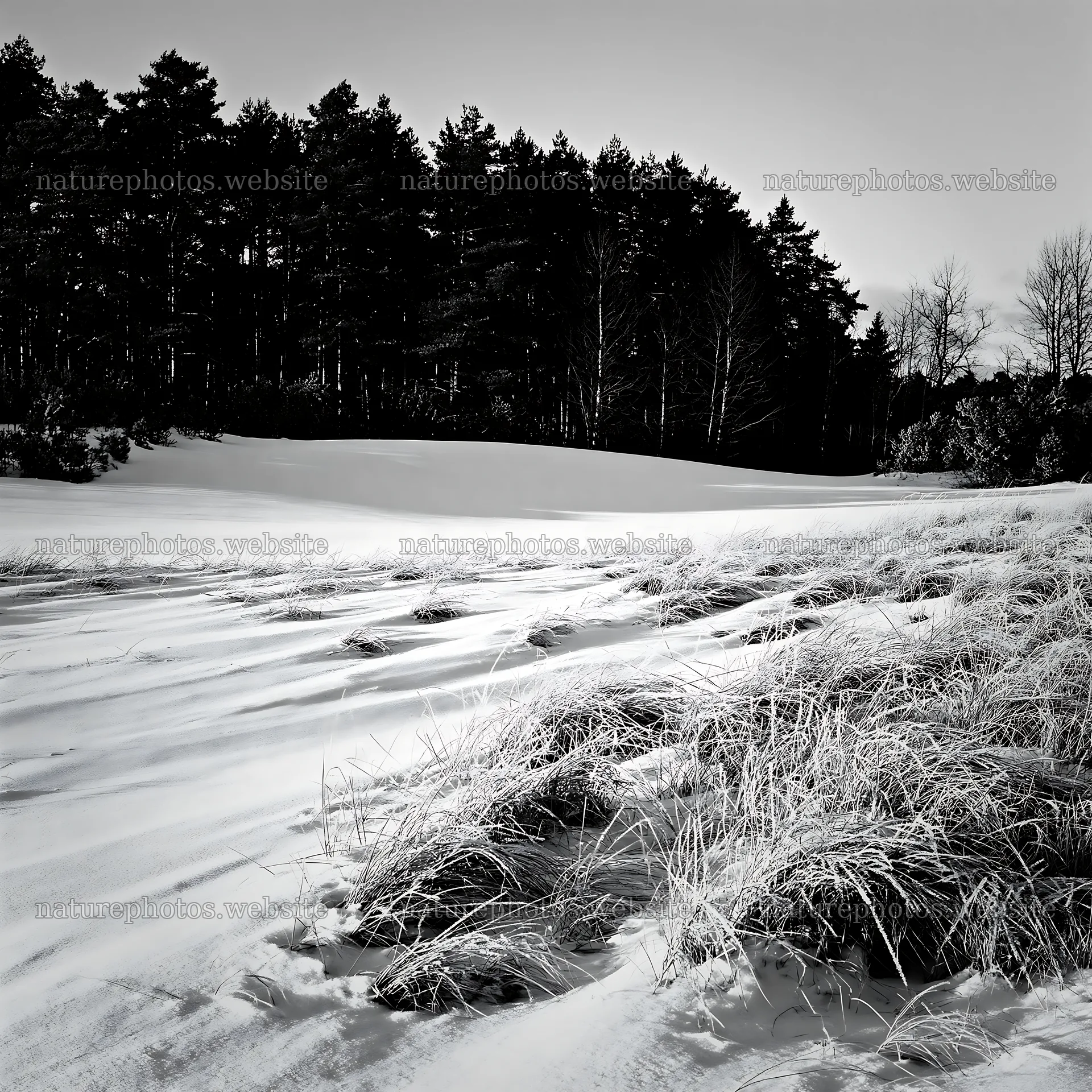 Dune meadow snow with grass and trees under clear sky – nature photos 7938x7938