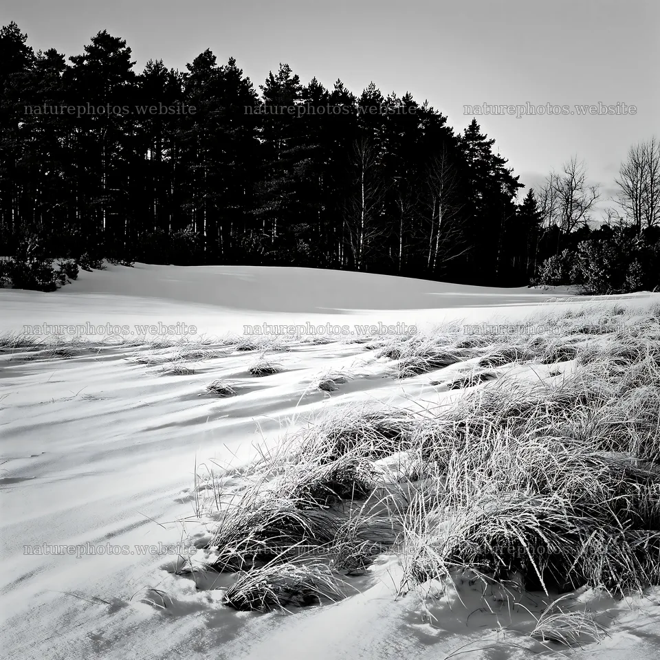 Dune meadow snow with grass and trees under clear sky – nature photos 7938x7938