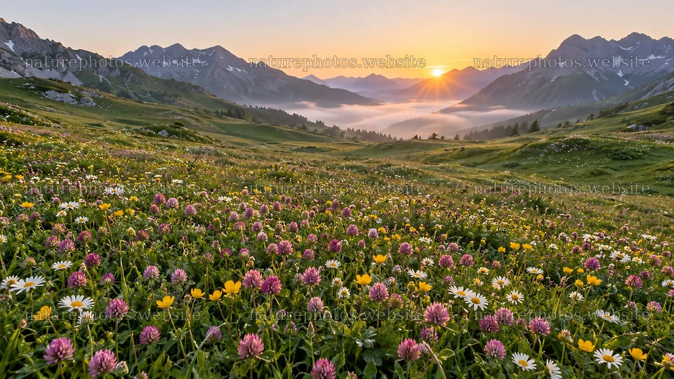 Wildflower meadow beneath mountains at sunrise – nature photos 10324x5812