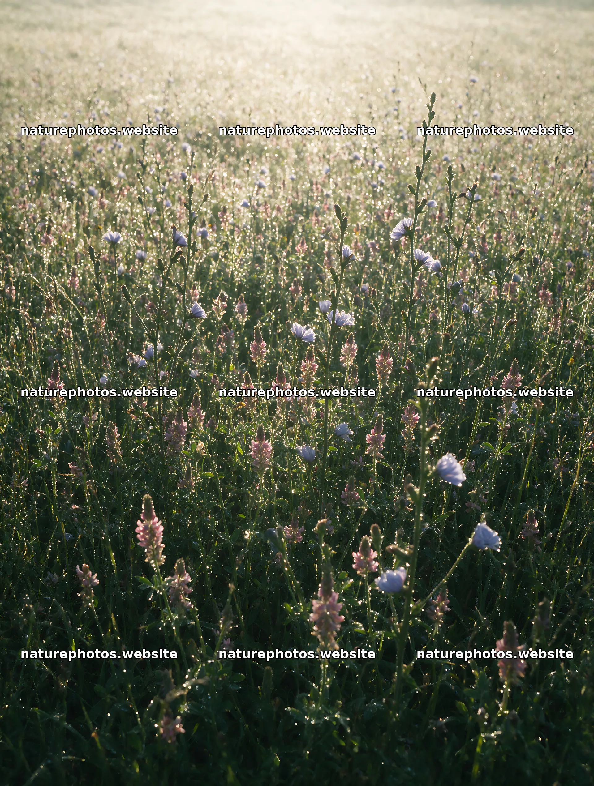 Sainfoin chicory meadow filled with flowers in morning light – nature photos 6898x9134