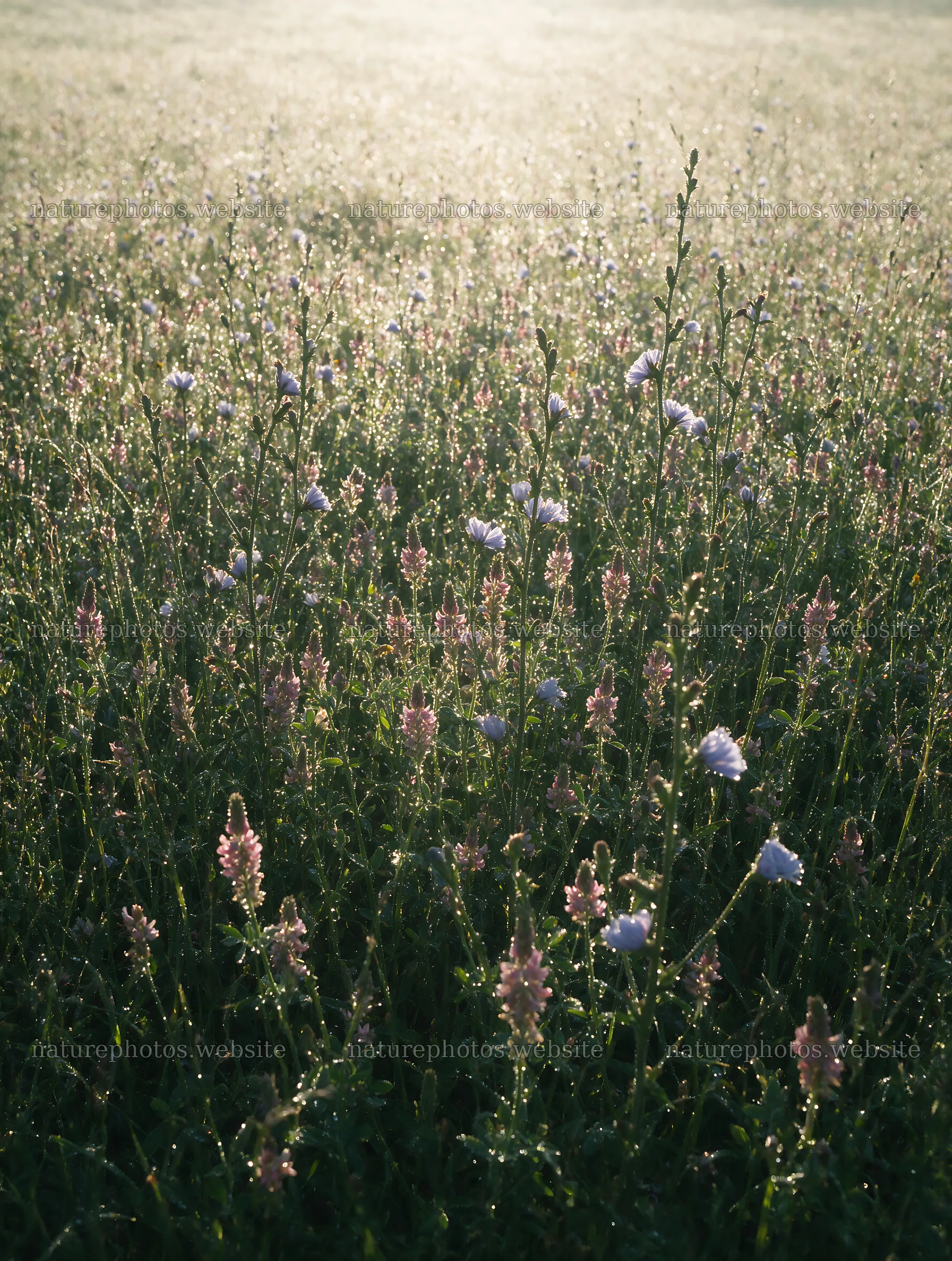 Sainfoin chicory meadow filled with flowers in morning light – nature photos 6898x9134
