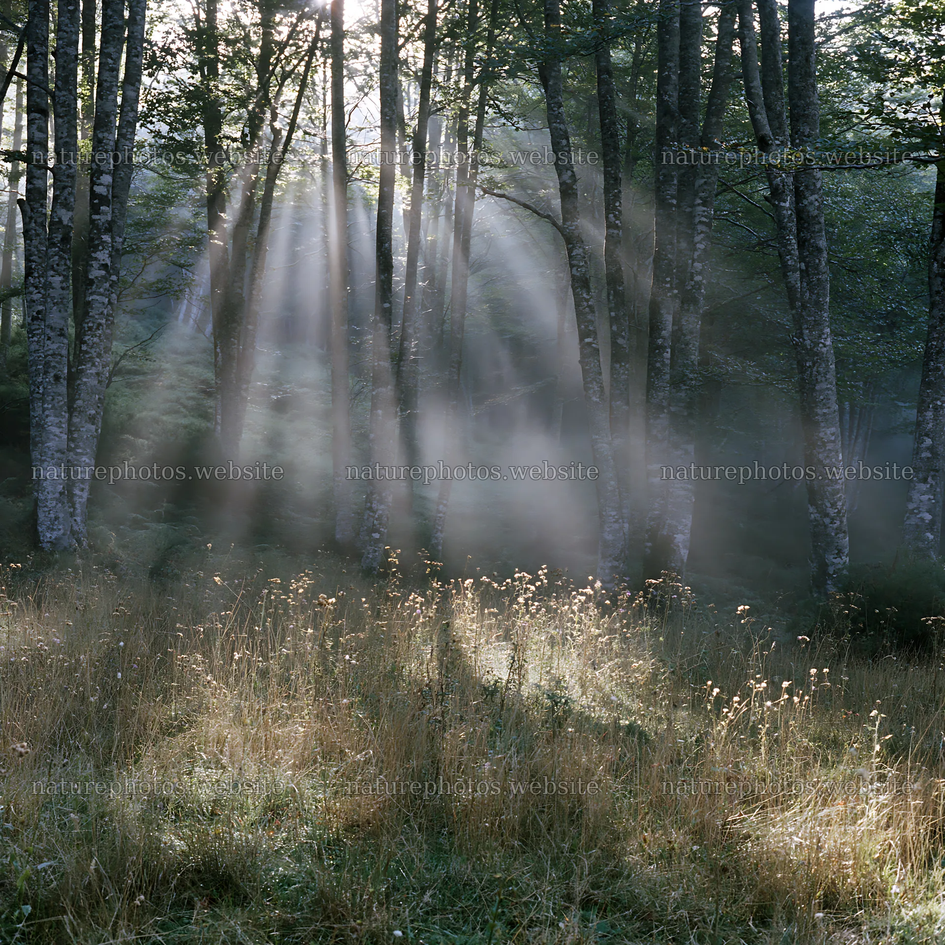 Sunrays shining through trees in Picos de Europa meadow – nature photos 7938x7938