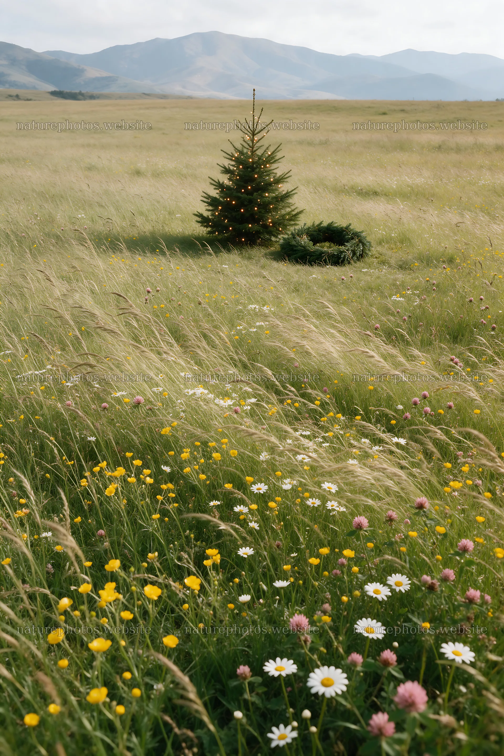Christmas tree in a mountain valley meadow – nature photos 6480x9722