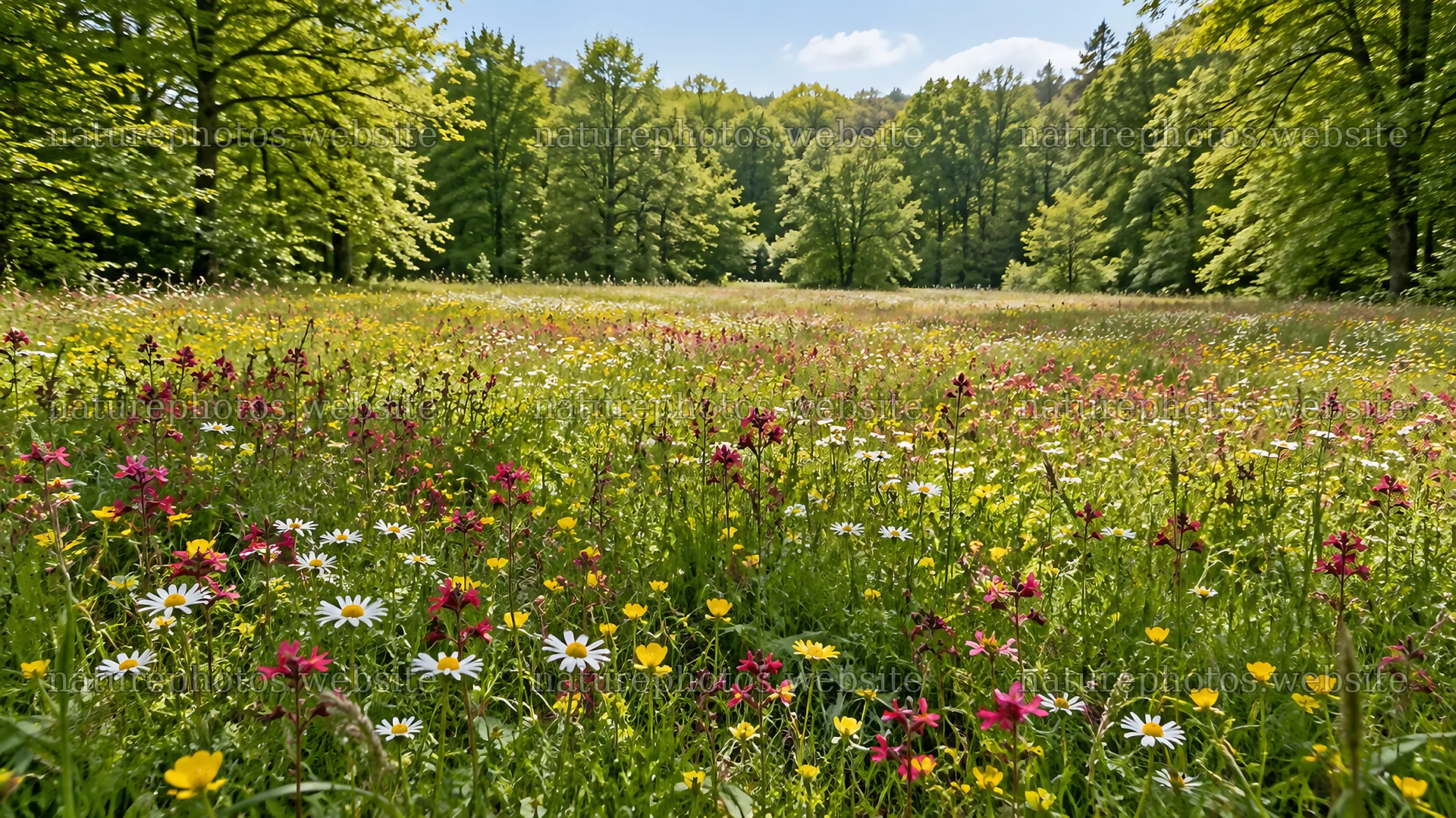Sunlit Wildflower Meadow in a Forest Clearing – nature photos 10331x5808