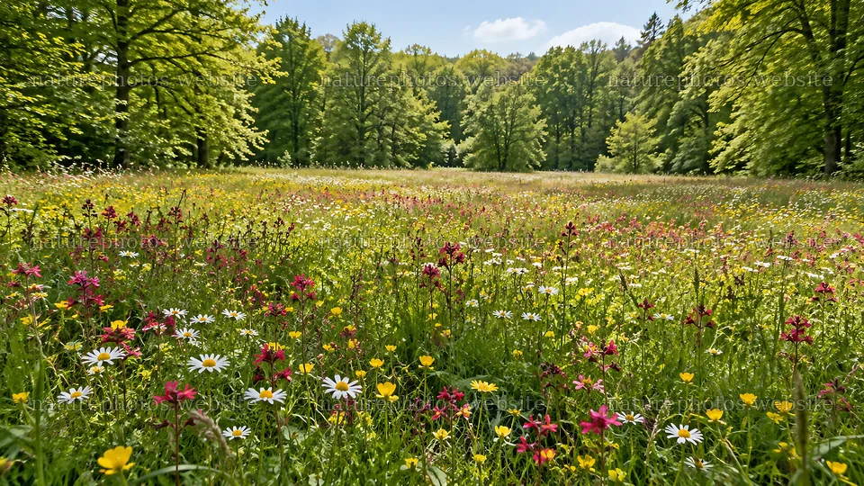 Sunlit Wildflower Meadow in a Forest Clearing – nature photos 10331x5808