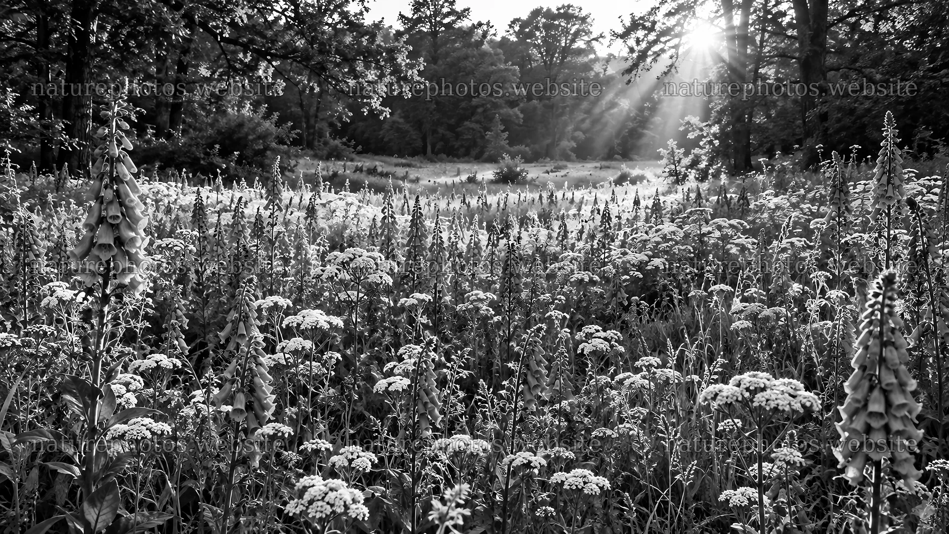 Sunbeams over a Wildflower Forest Clearing – nature photos 10324x5812