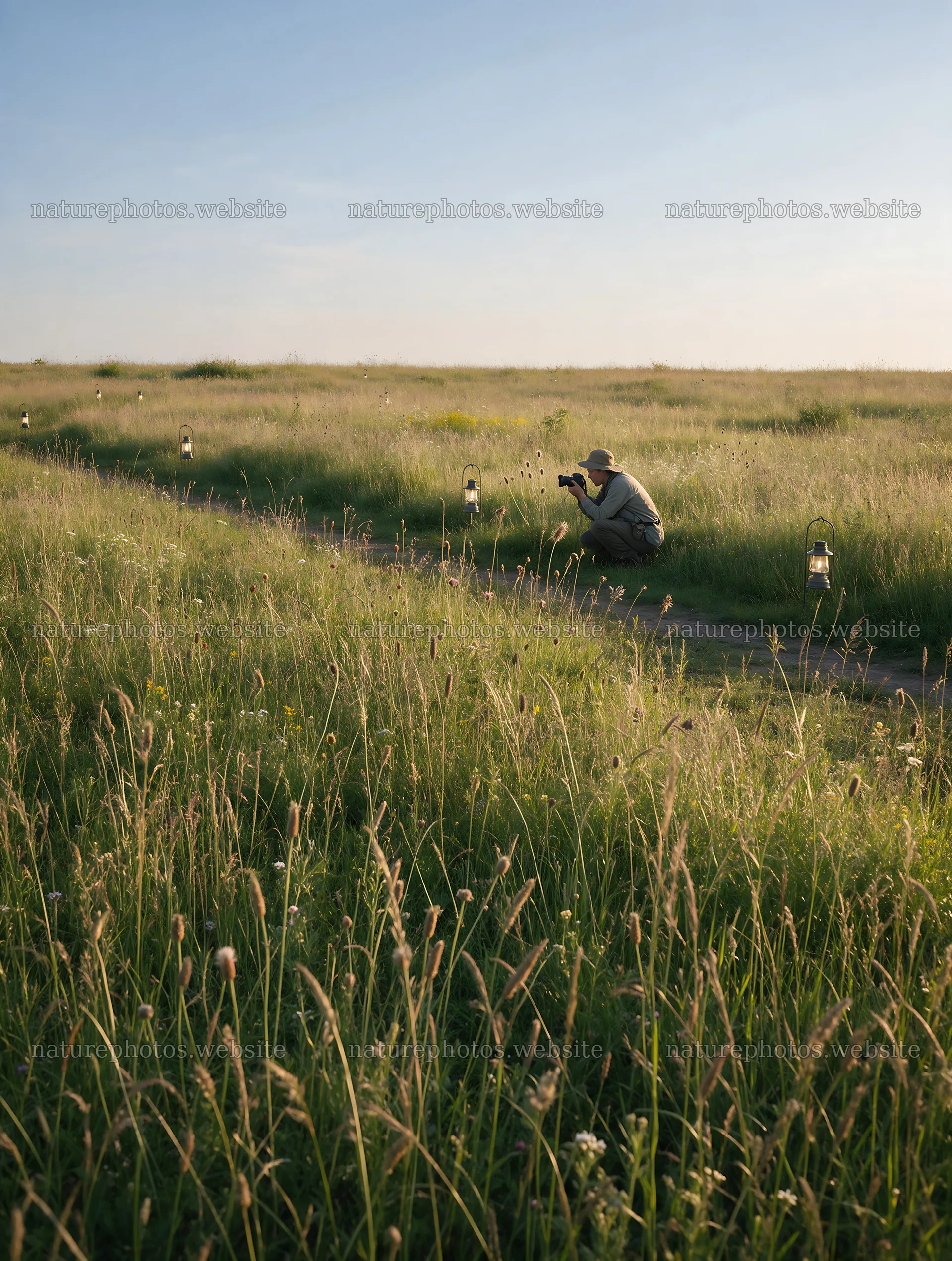 Evening meadow path with lanterns and a person taking a photo – nature photos 6898x9134
