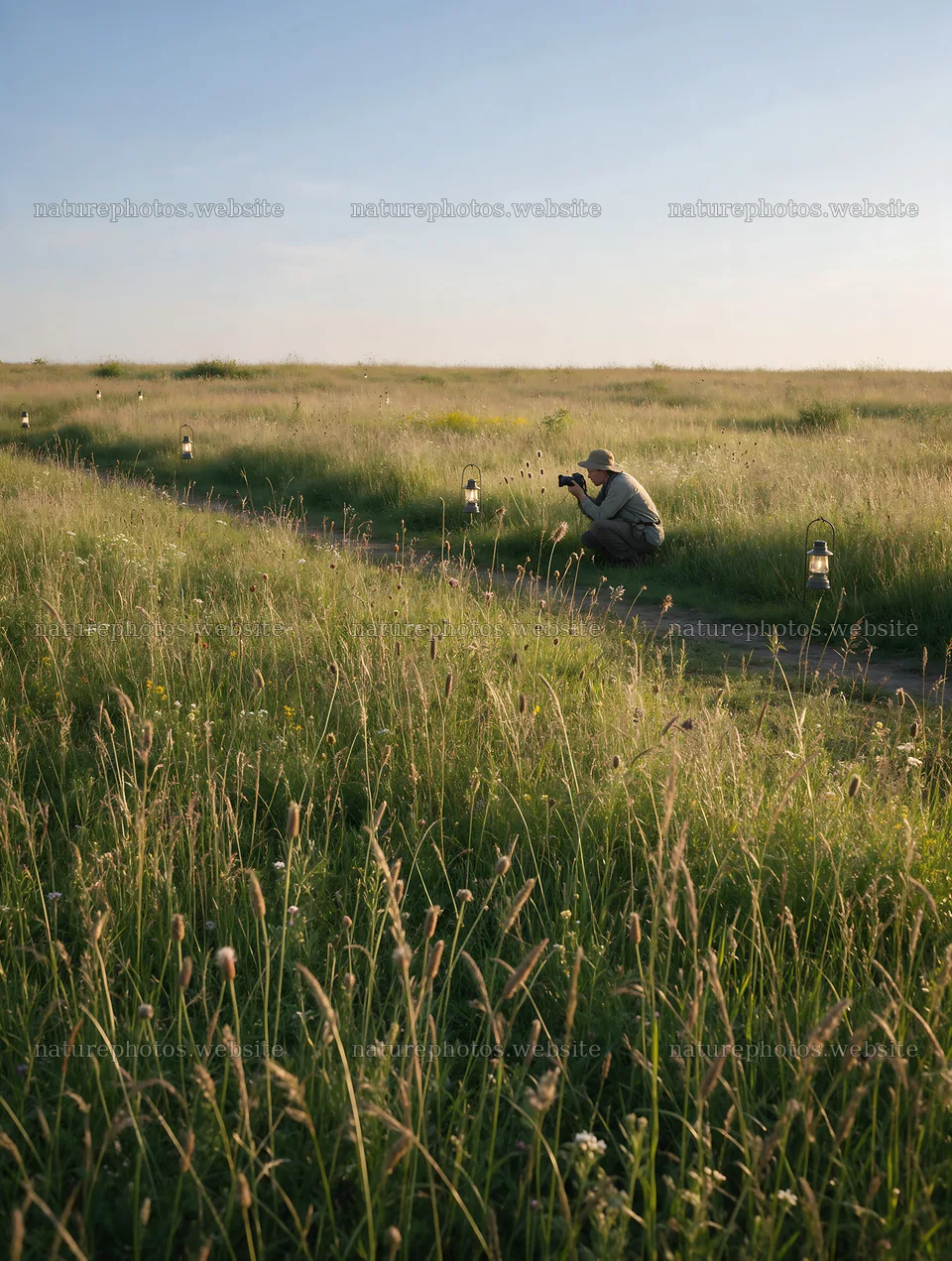 Evening meadow path with lanterns and a person taking a photo – nature photos 6898x9134