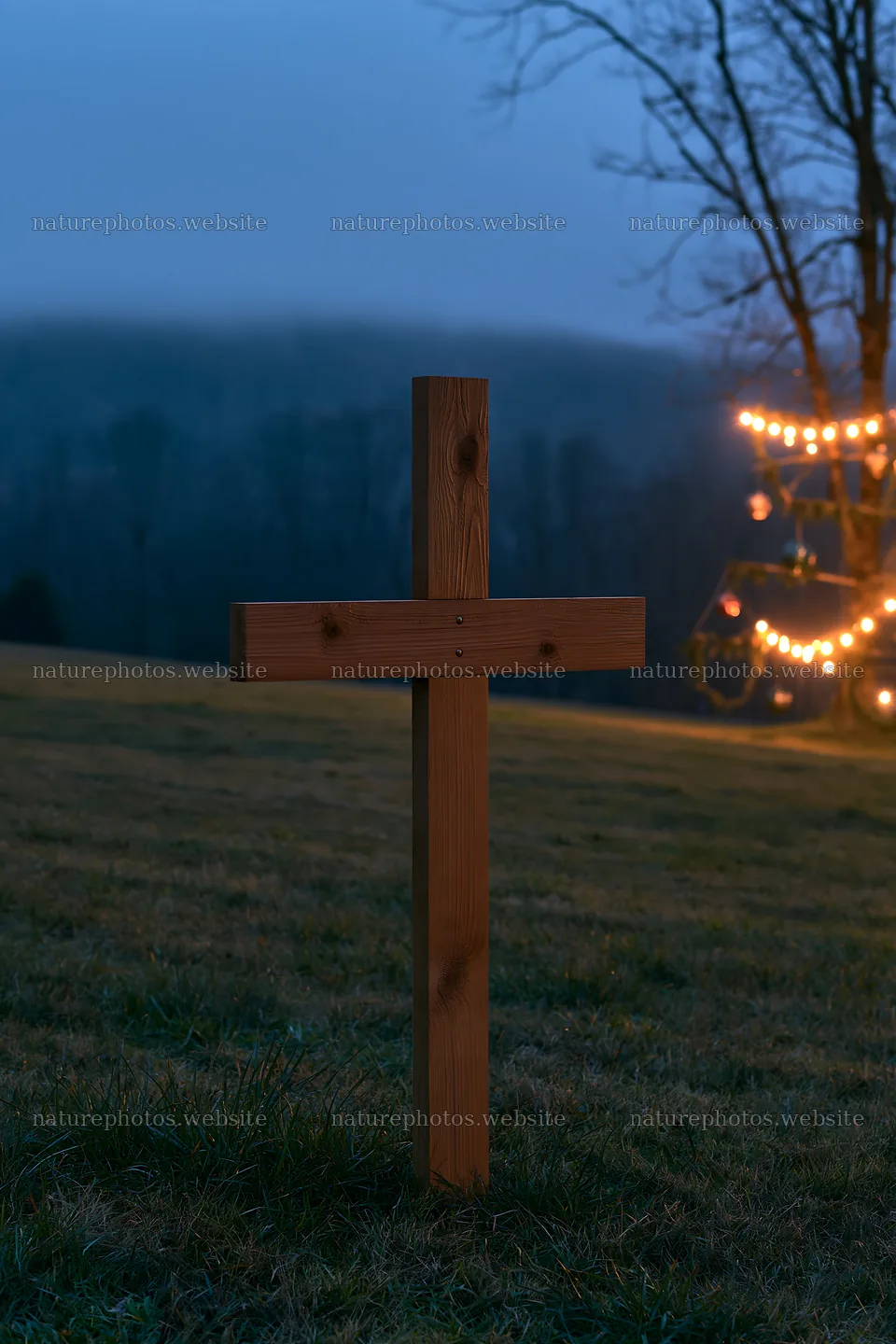 Cross in a meadow during blue hour – nature photos 6480x9722