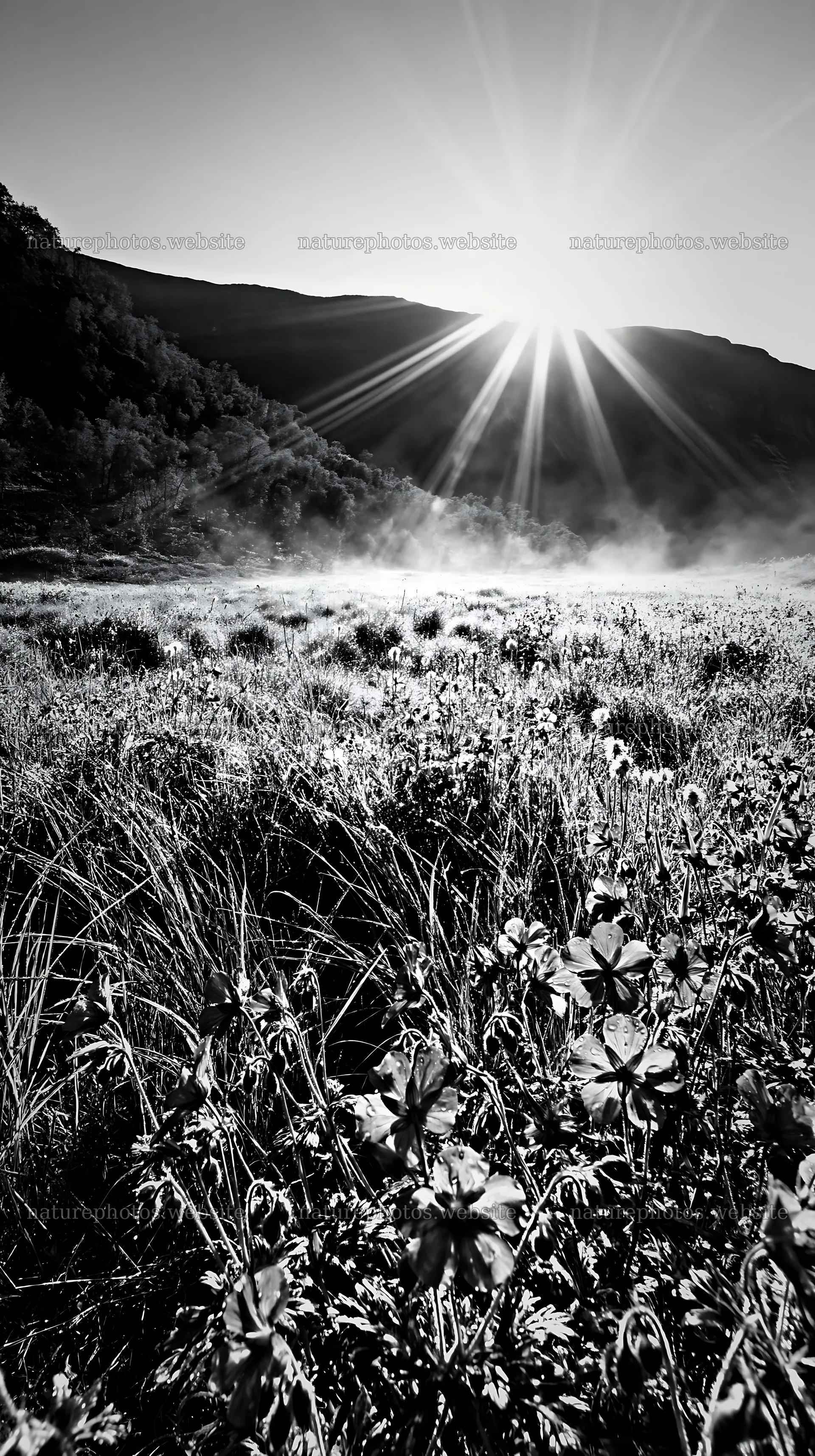 Sunbeams shine over Jotunheimen valley meadow in black and white – nature photos 5938x10608