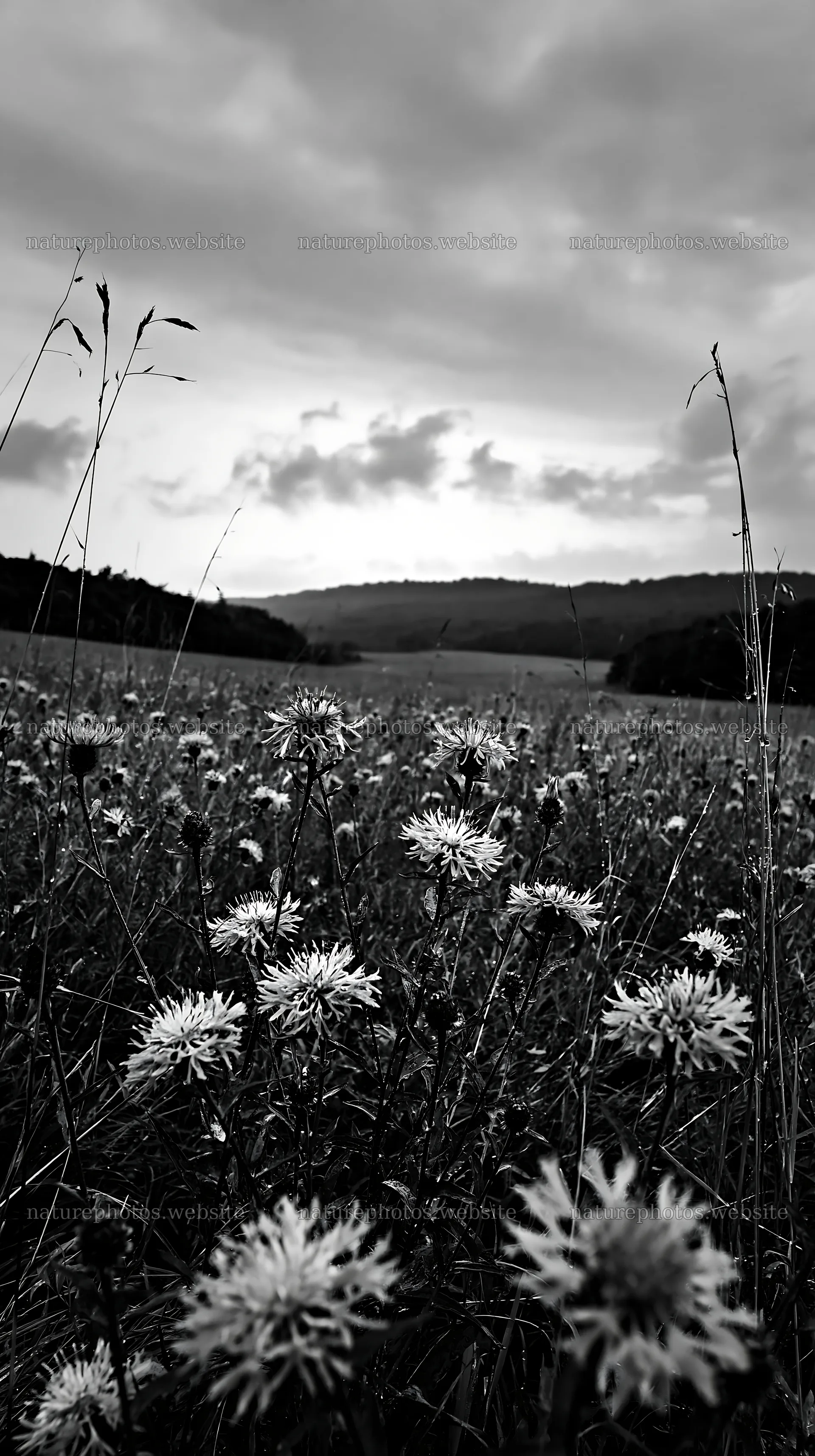 Violet knapweed meadow under a cloudy sky – nature photos 5938x10608