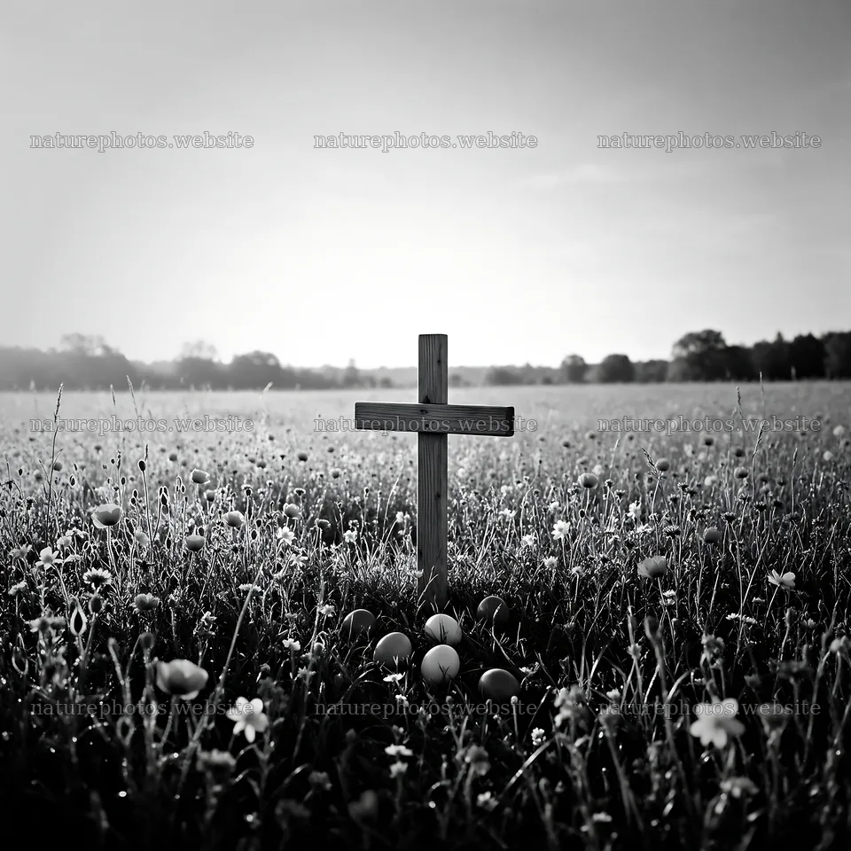 Wooden Christian cross in meadow at sunrise with light rays – nature photos 7938x7938