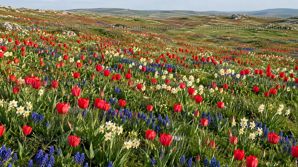 Spring Bulb Flowers Across a Rolling Meadow – nature photos 10324x5812