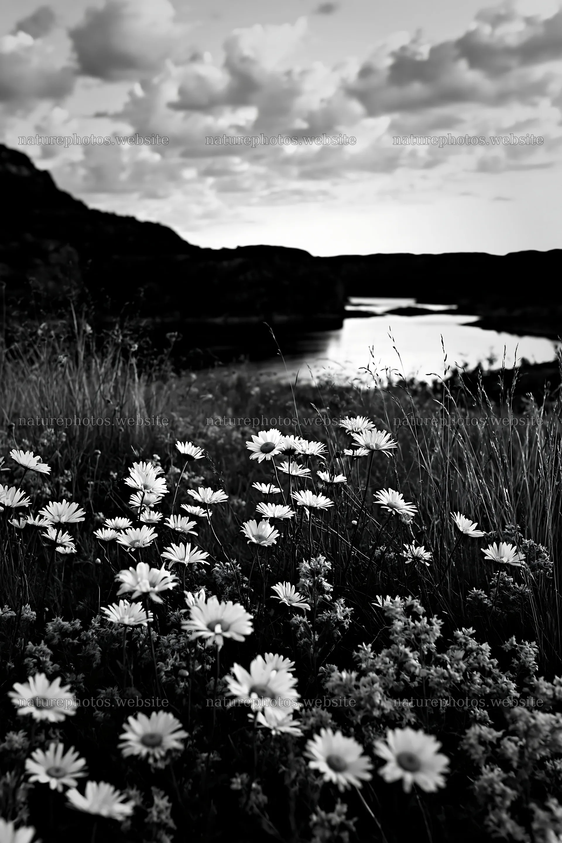 Colorful daisies in a meadow by a calm water body – nature photos 6480x9722