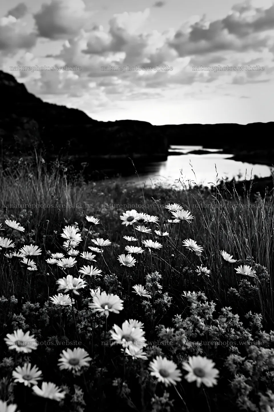 Colorful daisies in a meadow by a calm water body – nature photos 6480x9722