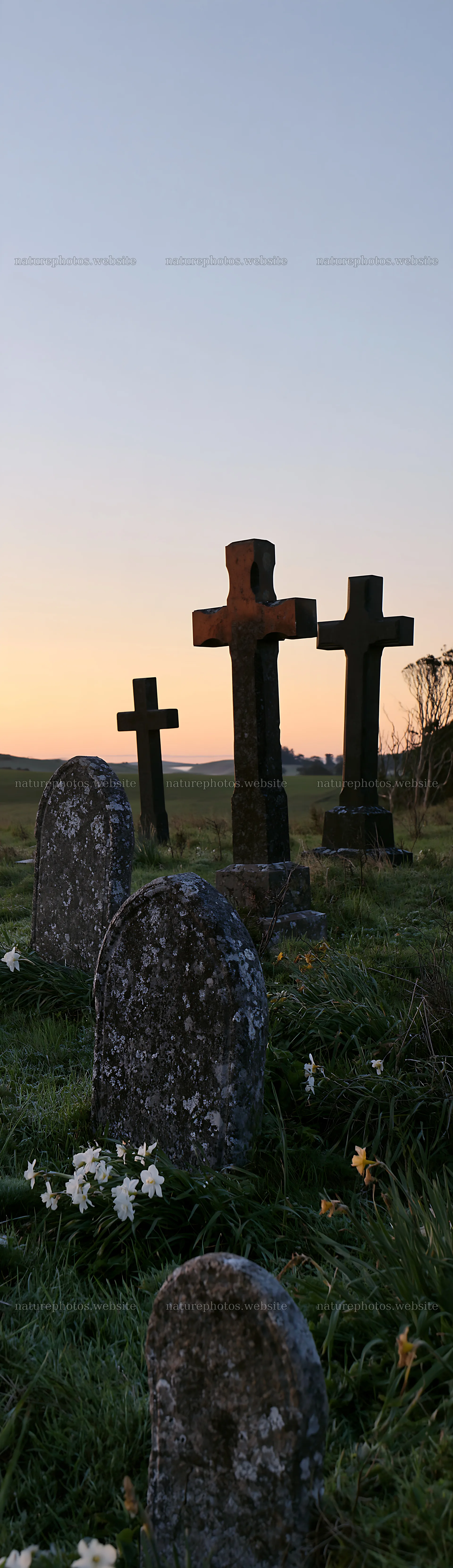 Three Christian crosses in a meadow at sunrise – nature photos 4268x14762