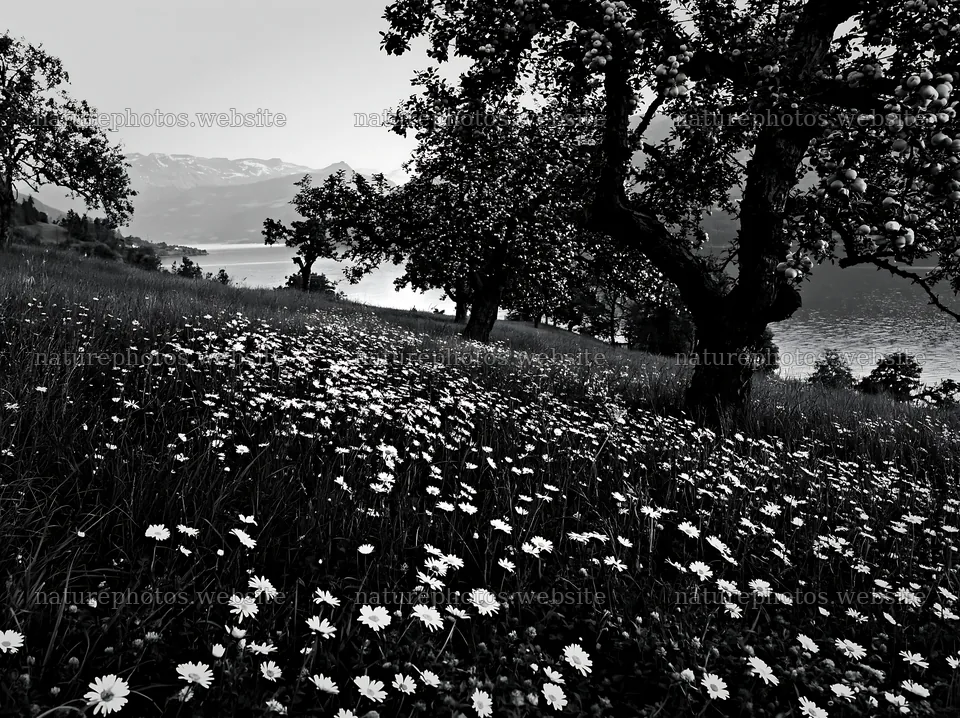 Lakeside orchard meadow with flowers and trees – nature photos 9174x6866