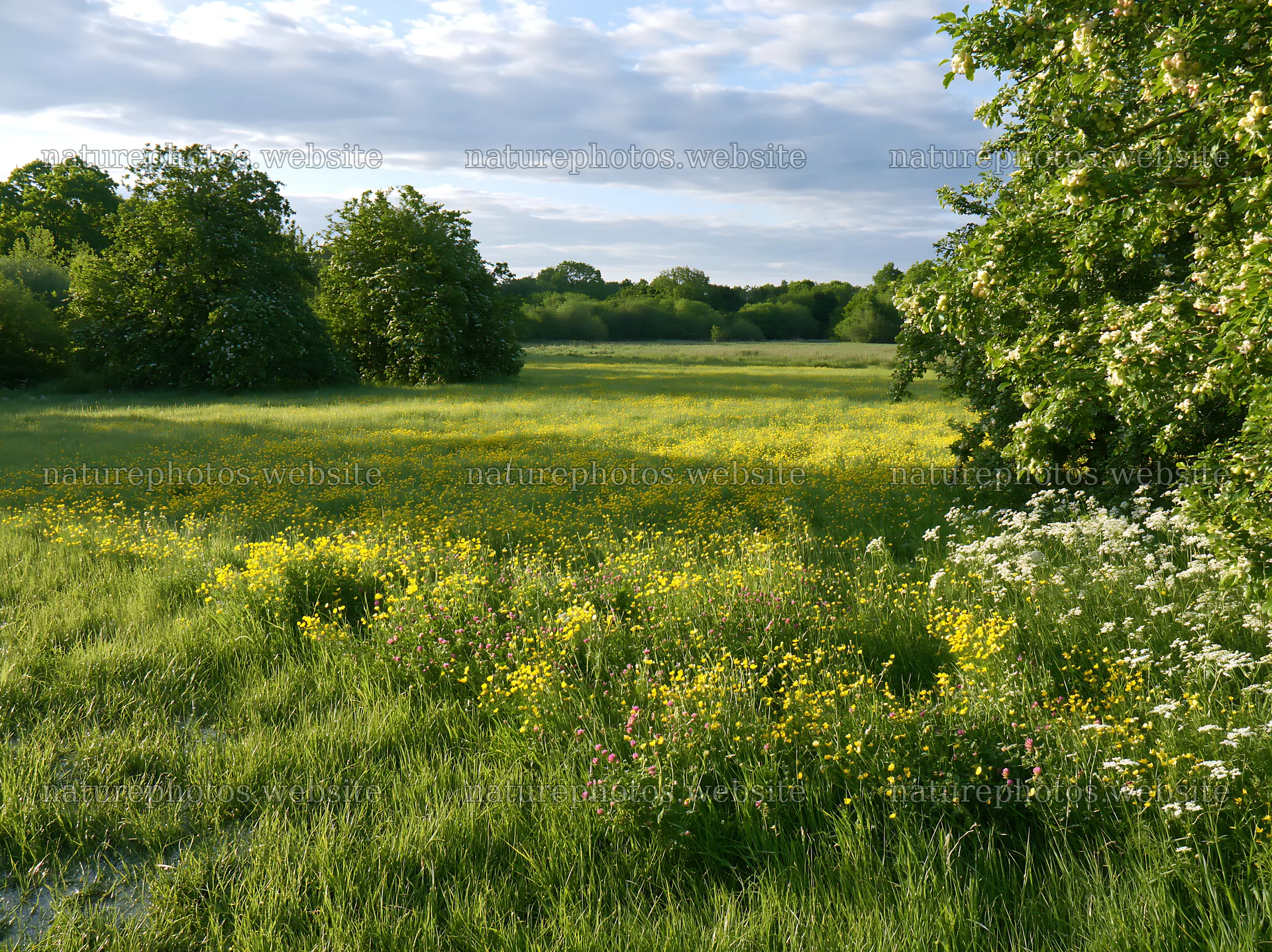 Meadow with yellow flowers and green trees in Camargue – nature photos 9174x6866