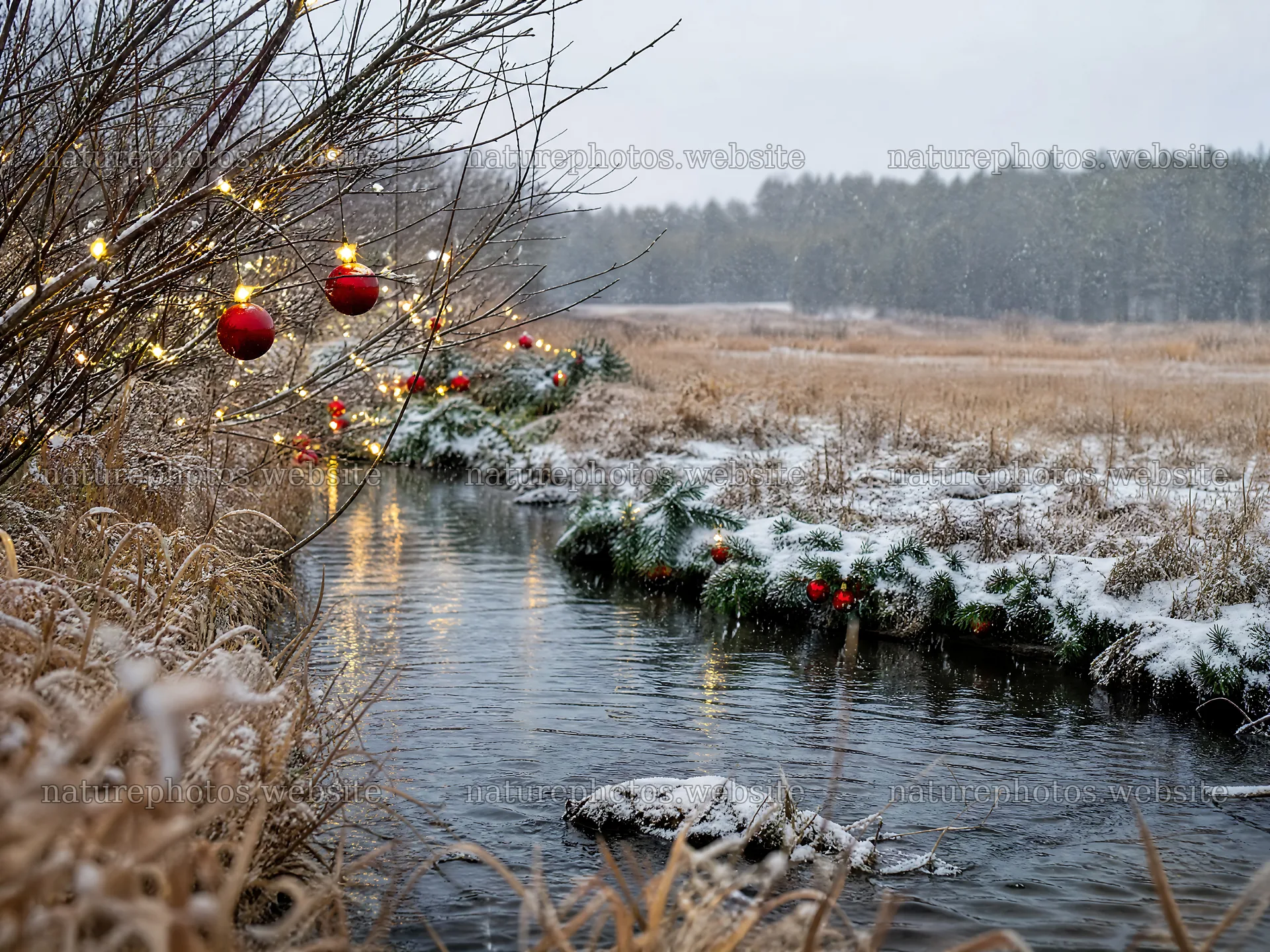 Christmas ornaments hanging by stream in snowy meadow – nature photos 9166x6874