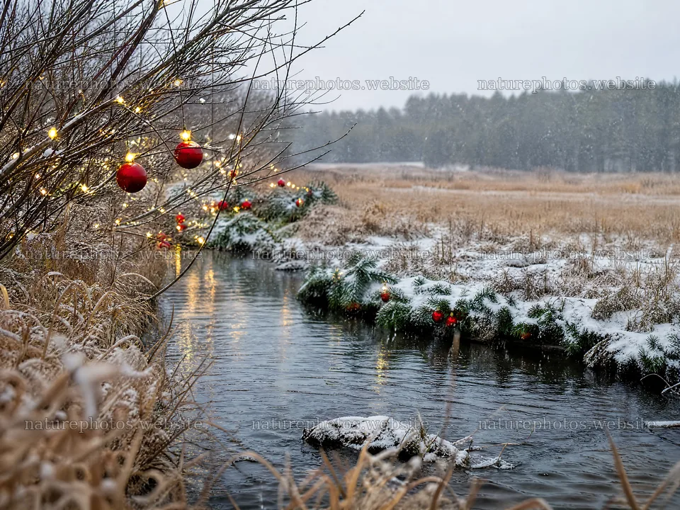 Christmas ornaments hanging by stream in snowy meadow – nature photos 9166x6874