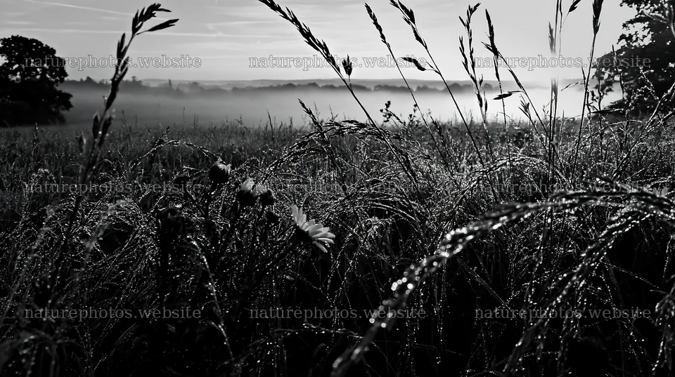 Morning dew on meadow grass seedheads in a foggy field – nature photos 10608x5938
