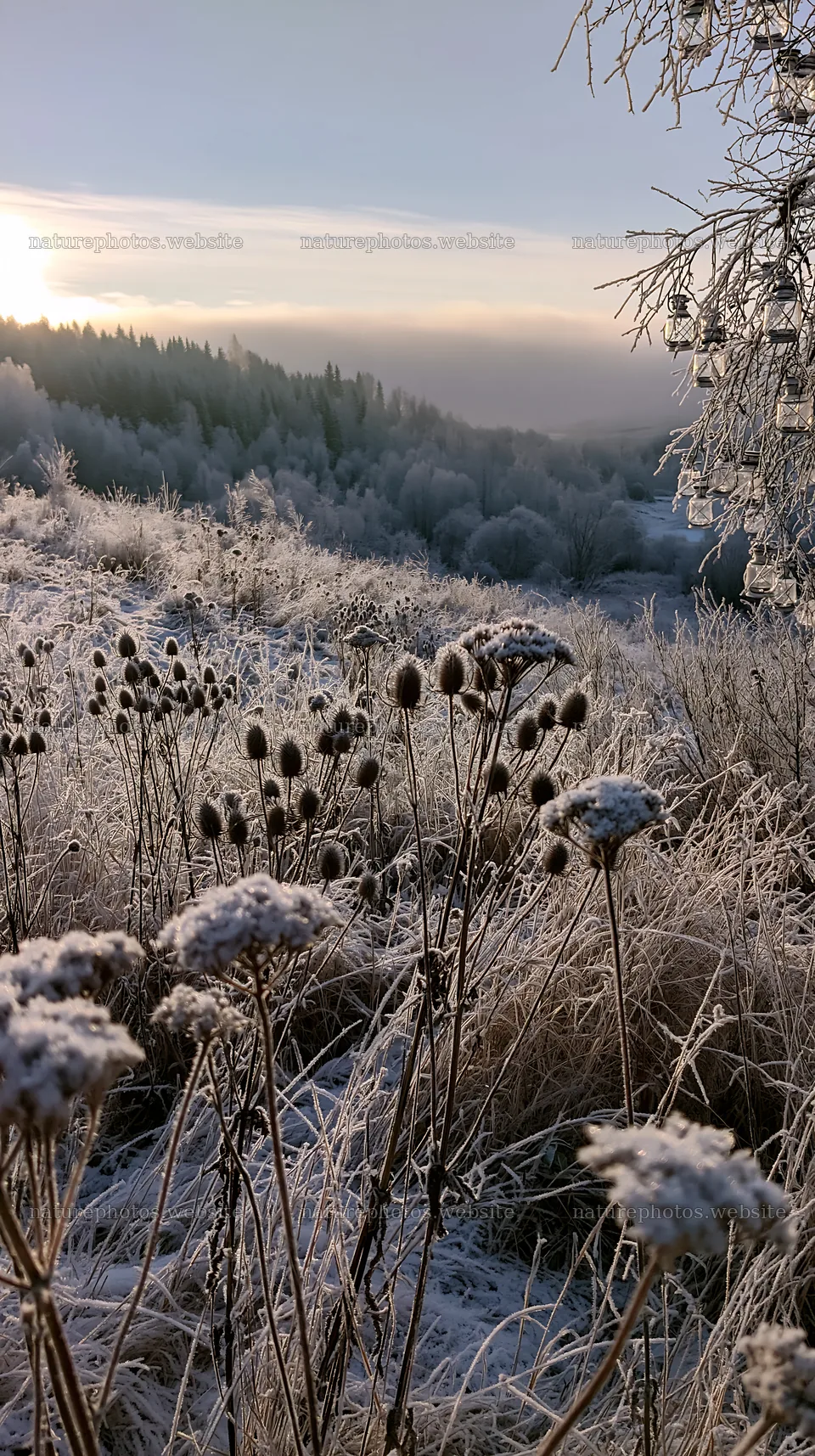 Frosty meadow with seedheads and lanterns at sunrise – nature photos 5938x10608