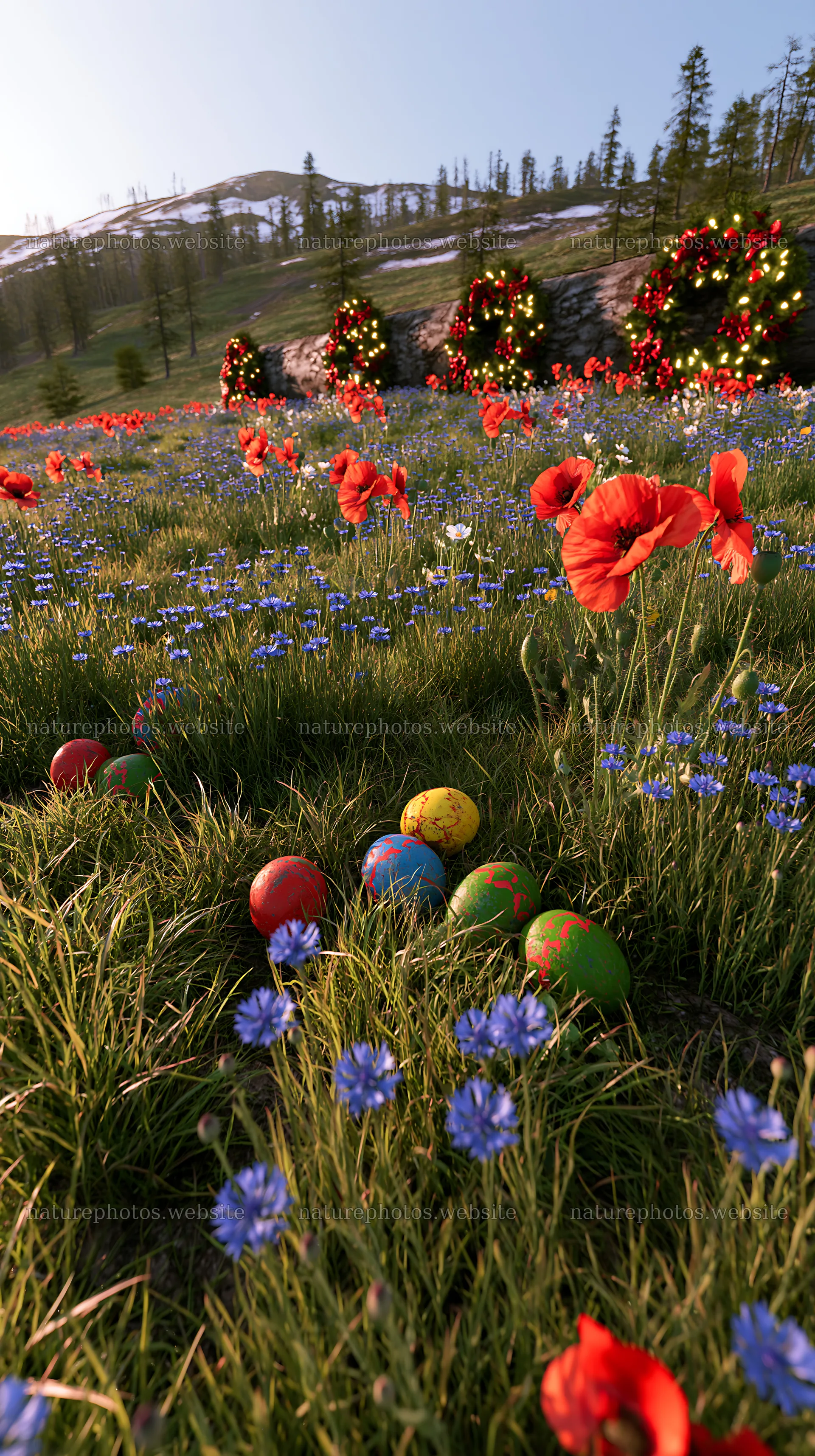 Expansive Christmas meadow with wreaths and colorful eggs – nature photos 5938x10608