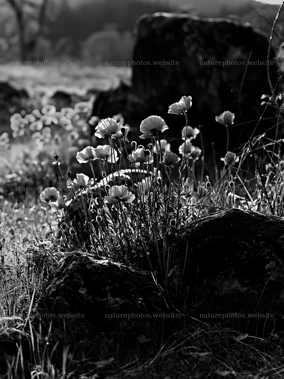 Miyagi spring recovery meadow mossy stone with red flowers – nature photos 6866x9174