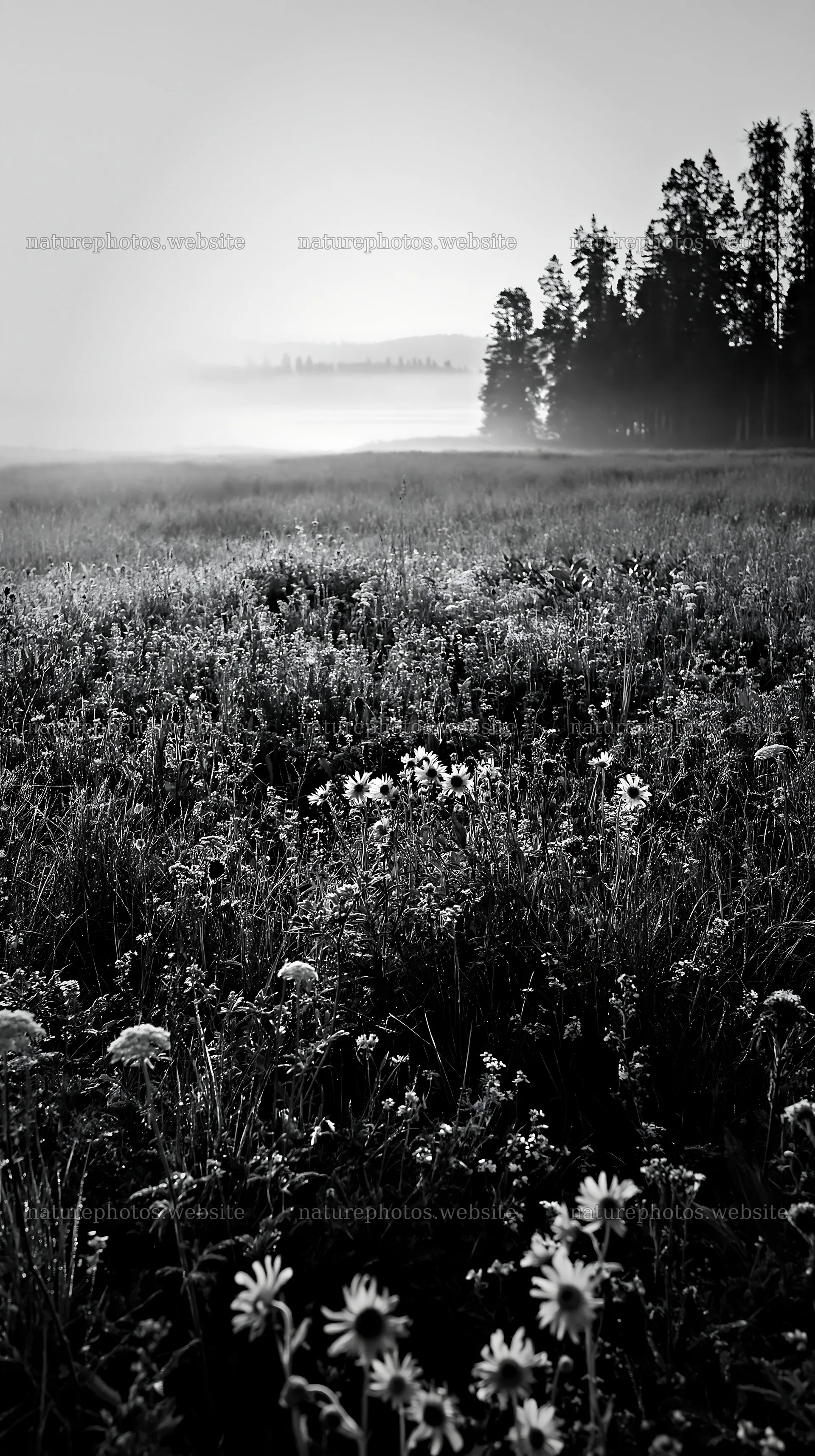 Sunlit lakeside meadow with wildflowers and trees in background – nature photos 5938x10608