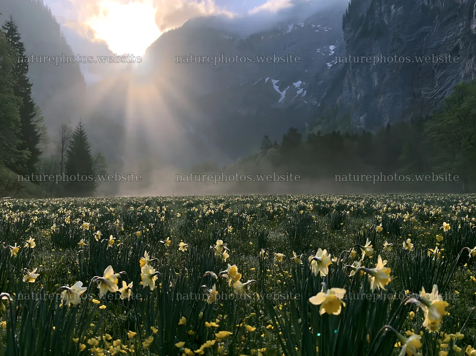 Light rays shine over meadow in Lauterbrunnen Valley – nature photos 9174x6866