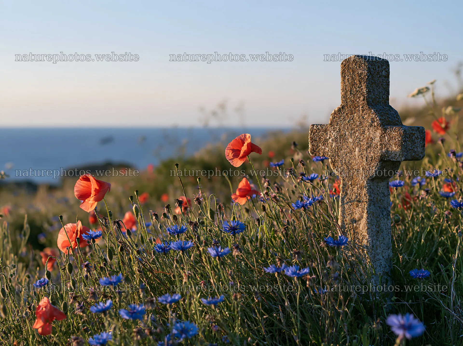 Stone Christian cross in snowy meadow – nature photos 9174x6866