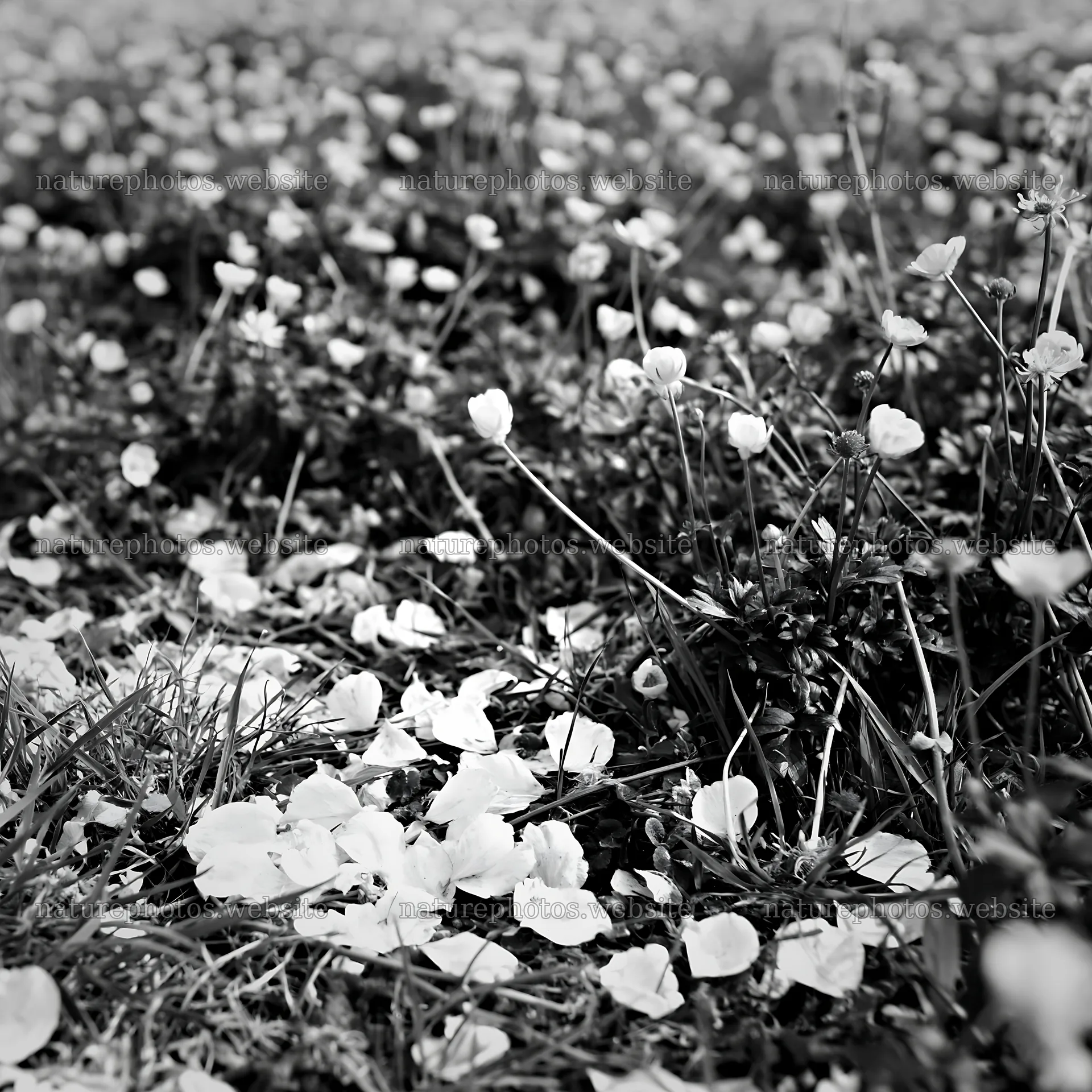 Fukuoka spring meadow with fallen blossoms in the foreground – nature photos 7938x7938