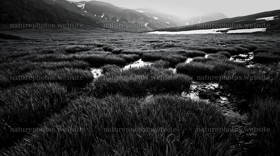 Akita snowmelt meadow with silver grasses under sunlight – nature photos 10608x5938