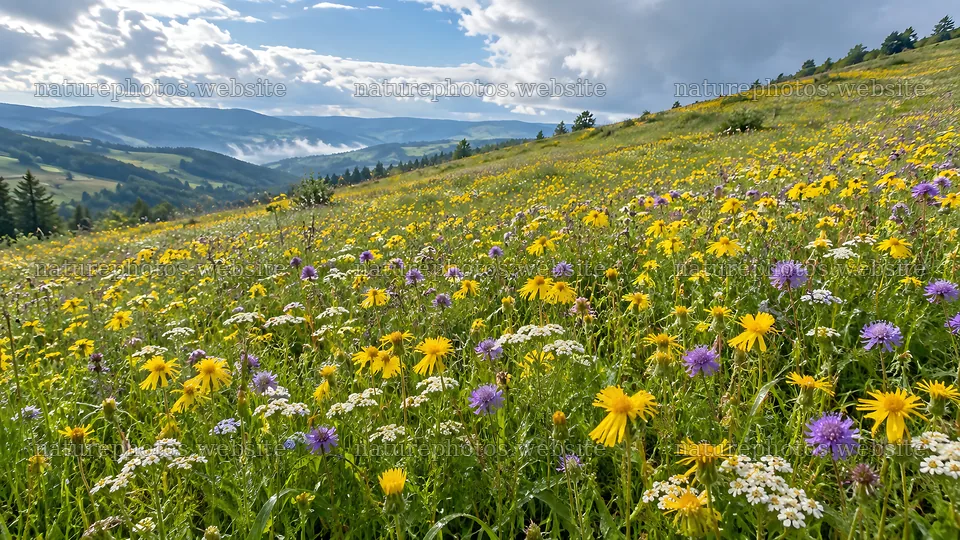 Wildflower Meadow on a Mountain Hillside – nature photos 10324x5812