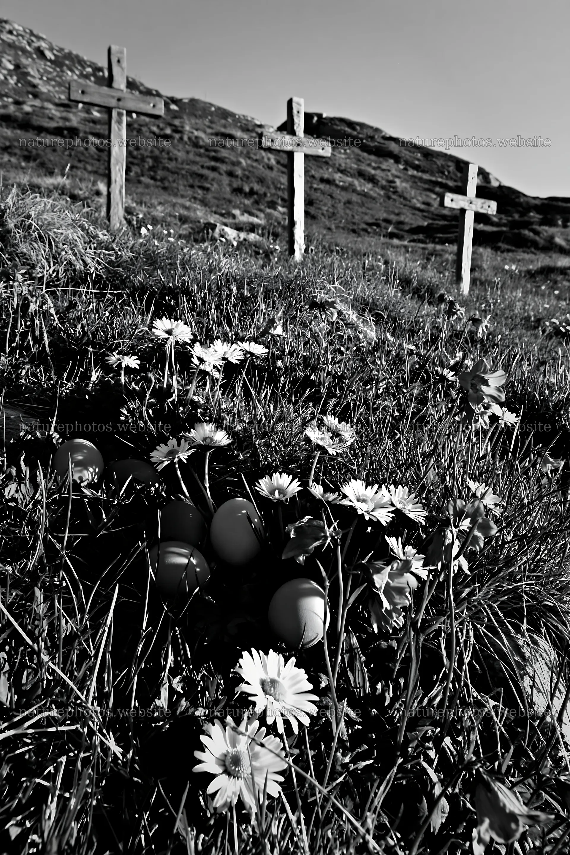 Three Christian crosses in a meadow with flowers – nature photos 6480x9722