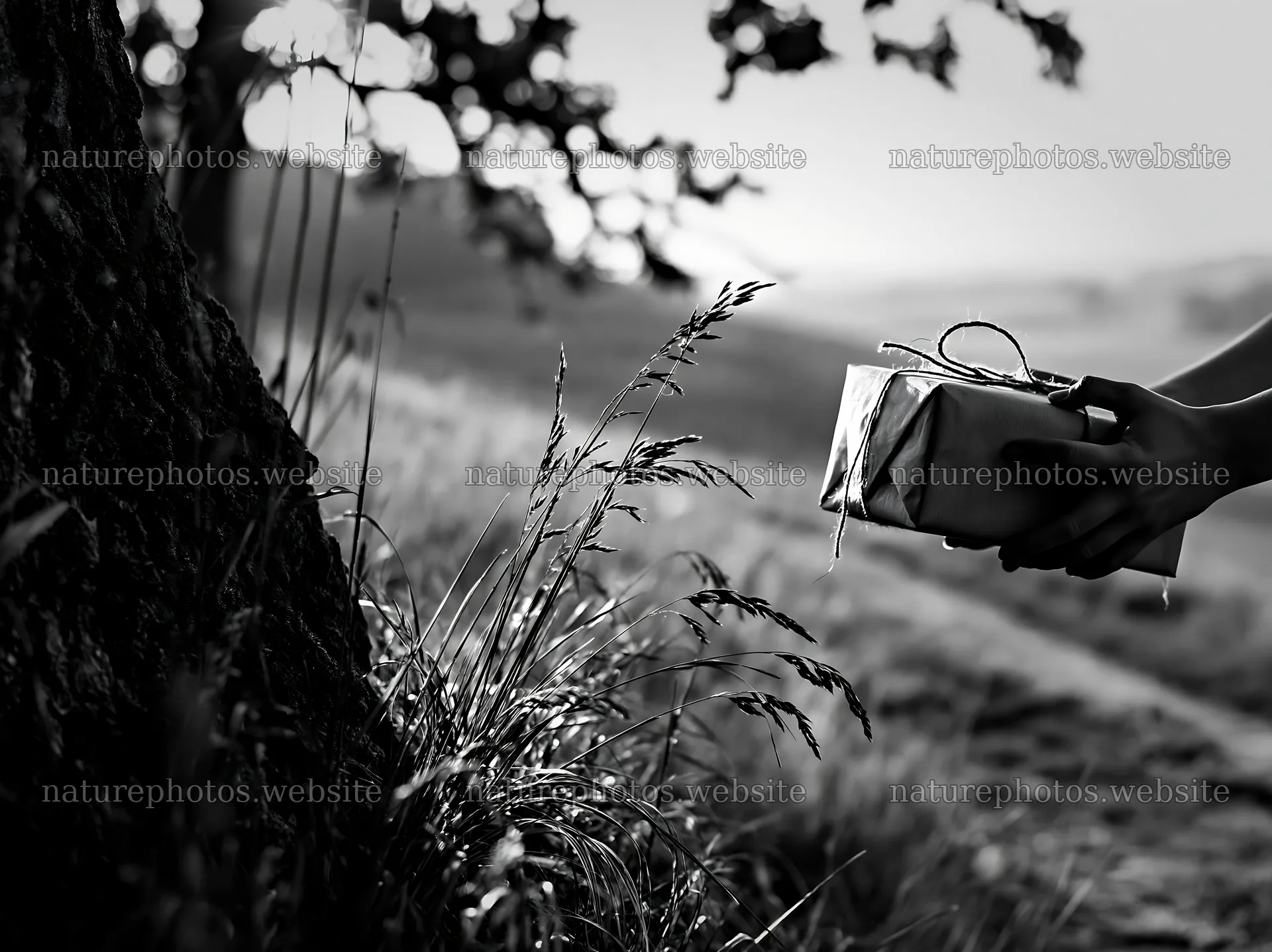 Gift exchange by a tree in a field – nature photos 9174x6866