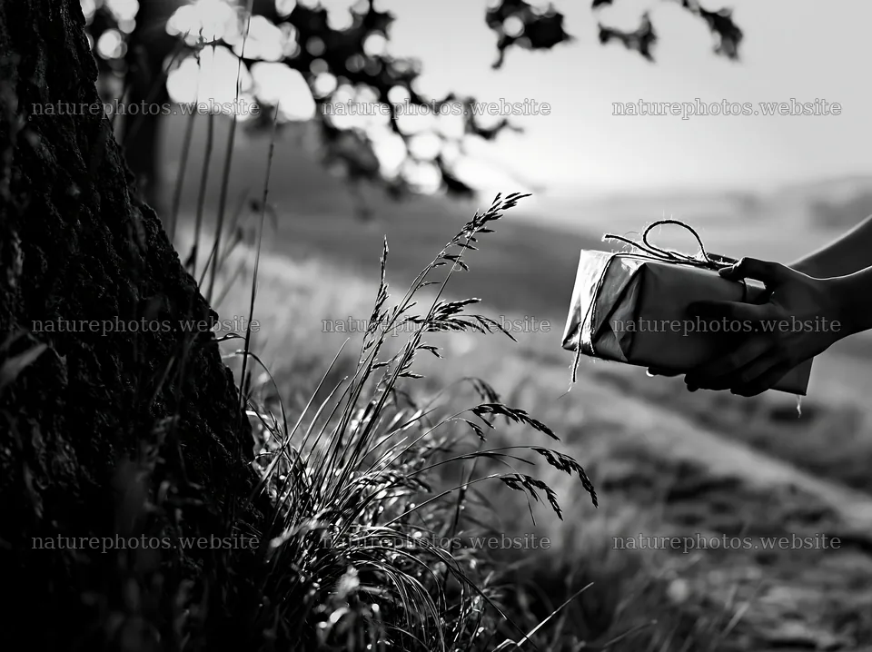 Gift exchange by a tree in a field – nature photos 9174x6866