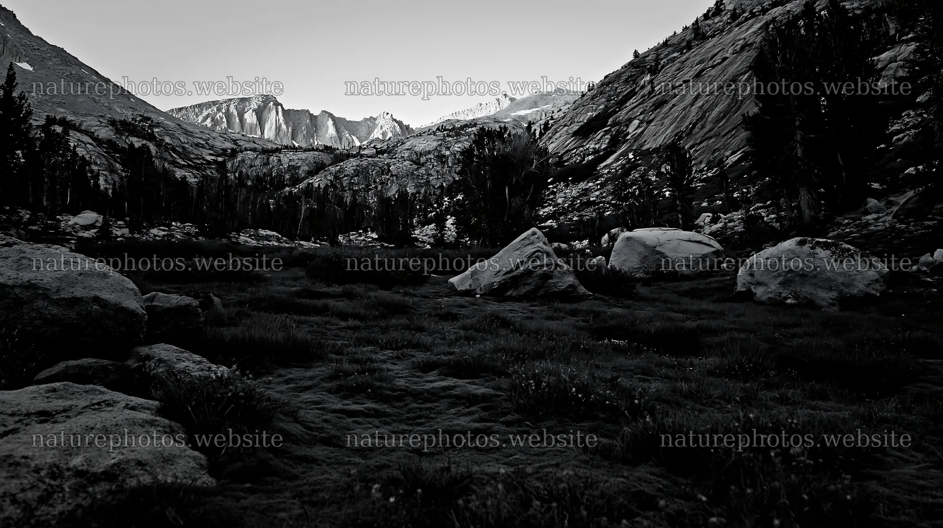 Mossy boulder meadow in a mountain landscape at dusk – nature photos 10608x5938