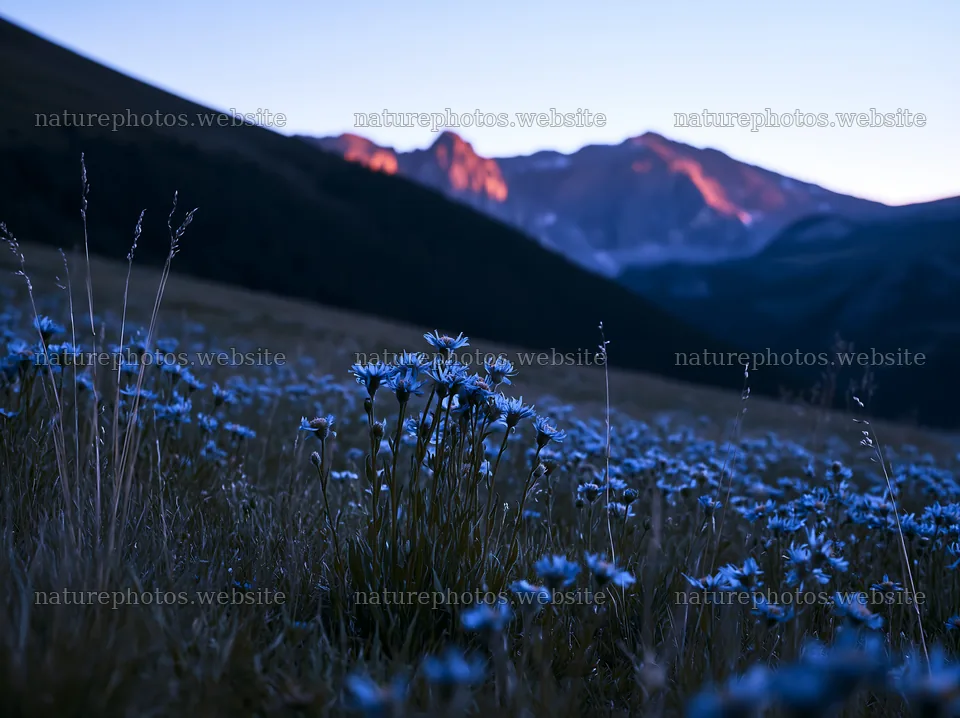 Mountain pass meadow with blue flowers at sunset – nature photos 9174x6866