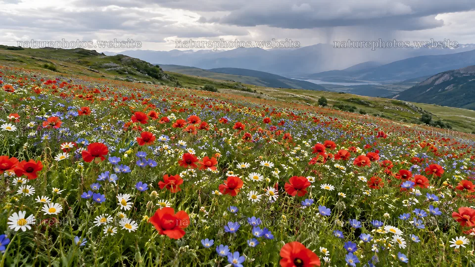 Wildflower Meadow Beneath Rainy Mountains – nature photos 10324x5812