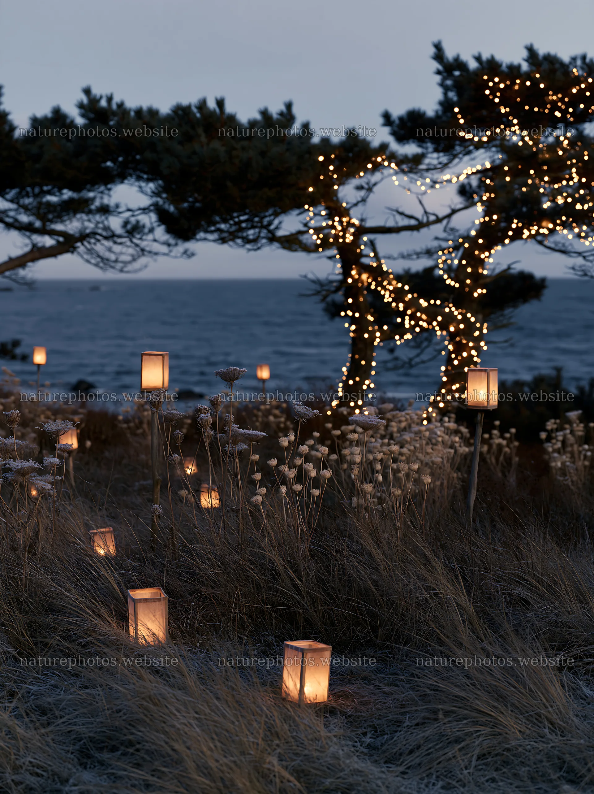 Frosty meadow with lanterns near the coastline at dusk – nature photos 6866x9174