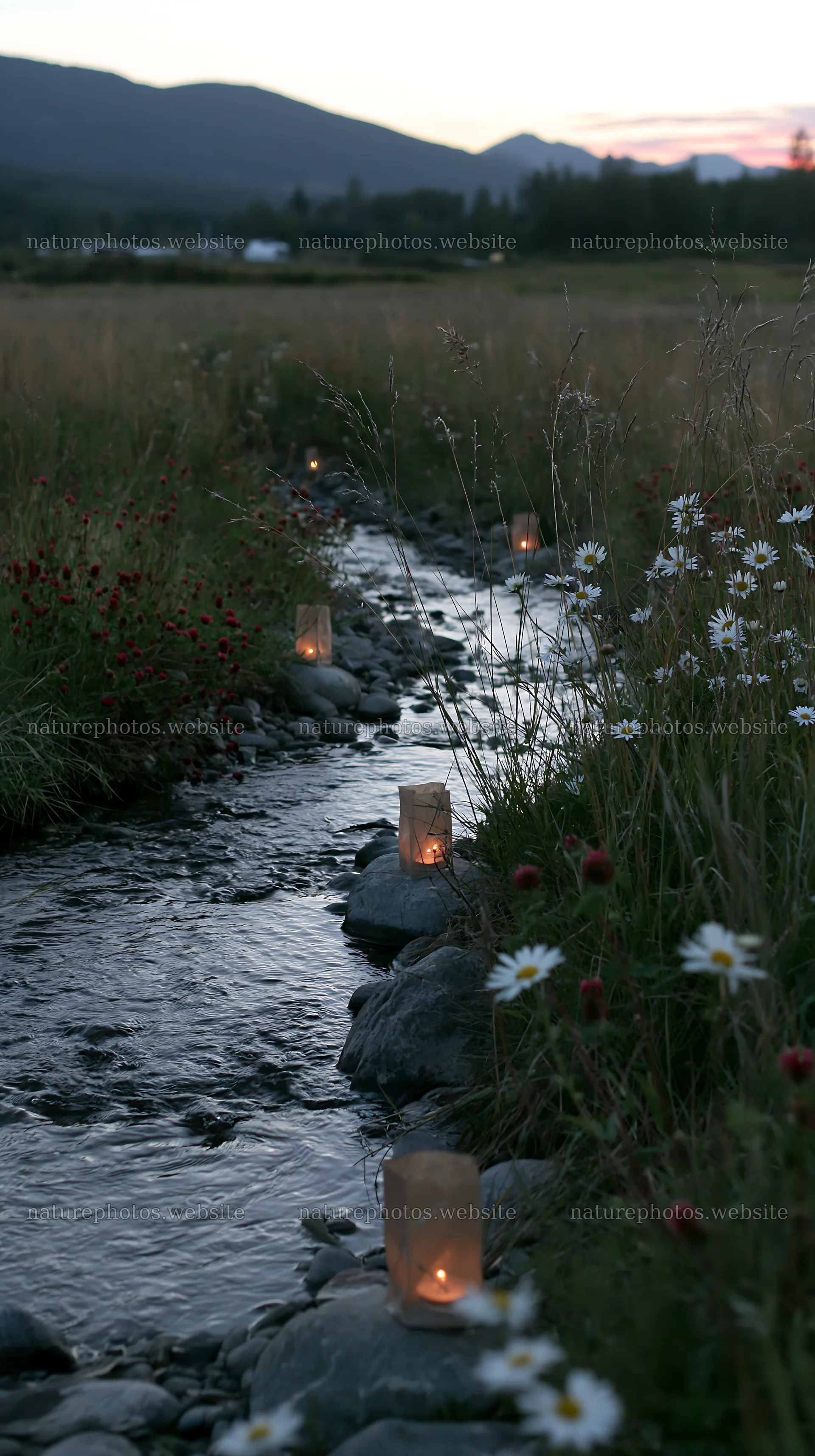 Christmas lanterns along stream in meadow – nature photos 5938x10608