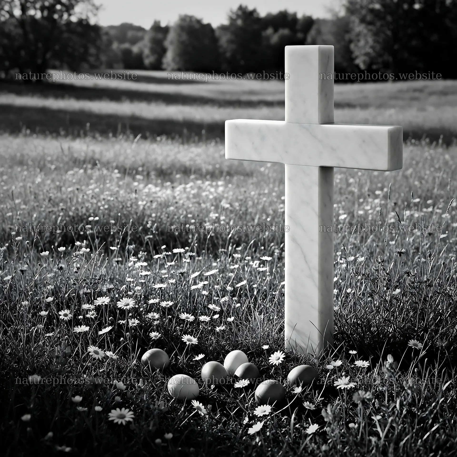 Marble Christian cross in meadow with eggs around it – nature photos 7938x7938